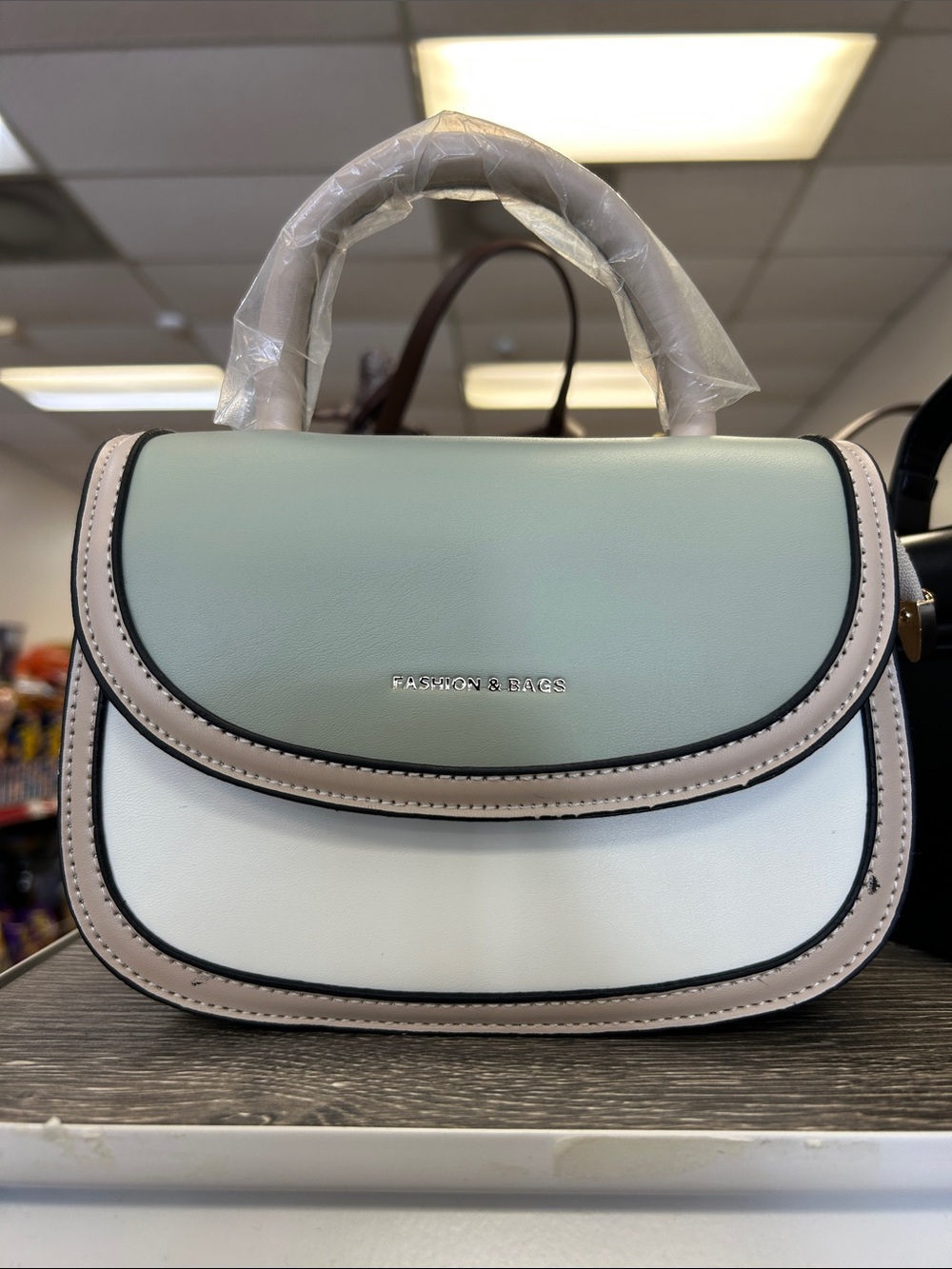 Tricolor Top-Handle Satchel in Mint, White & Beige